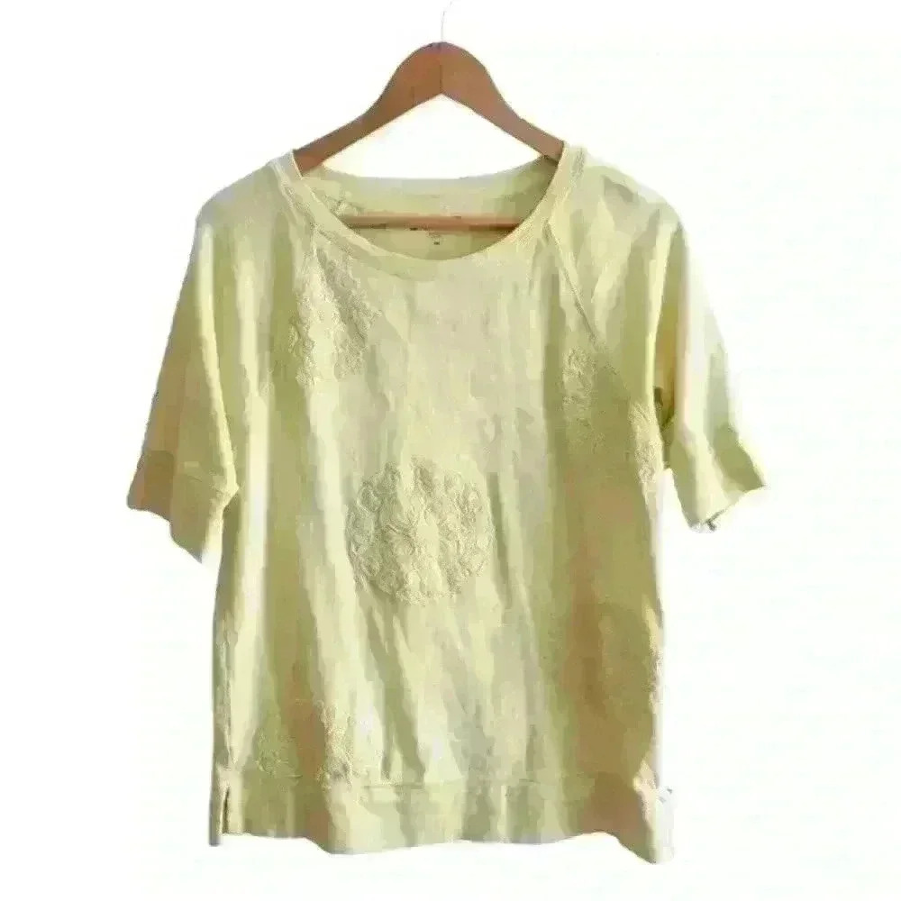 Loft Yellow Elbow Length Sleeve Embroidered Terry Cloth Top Size Medium